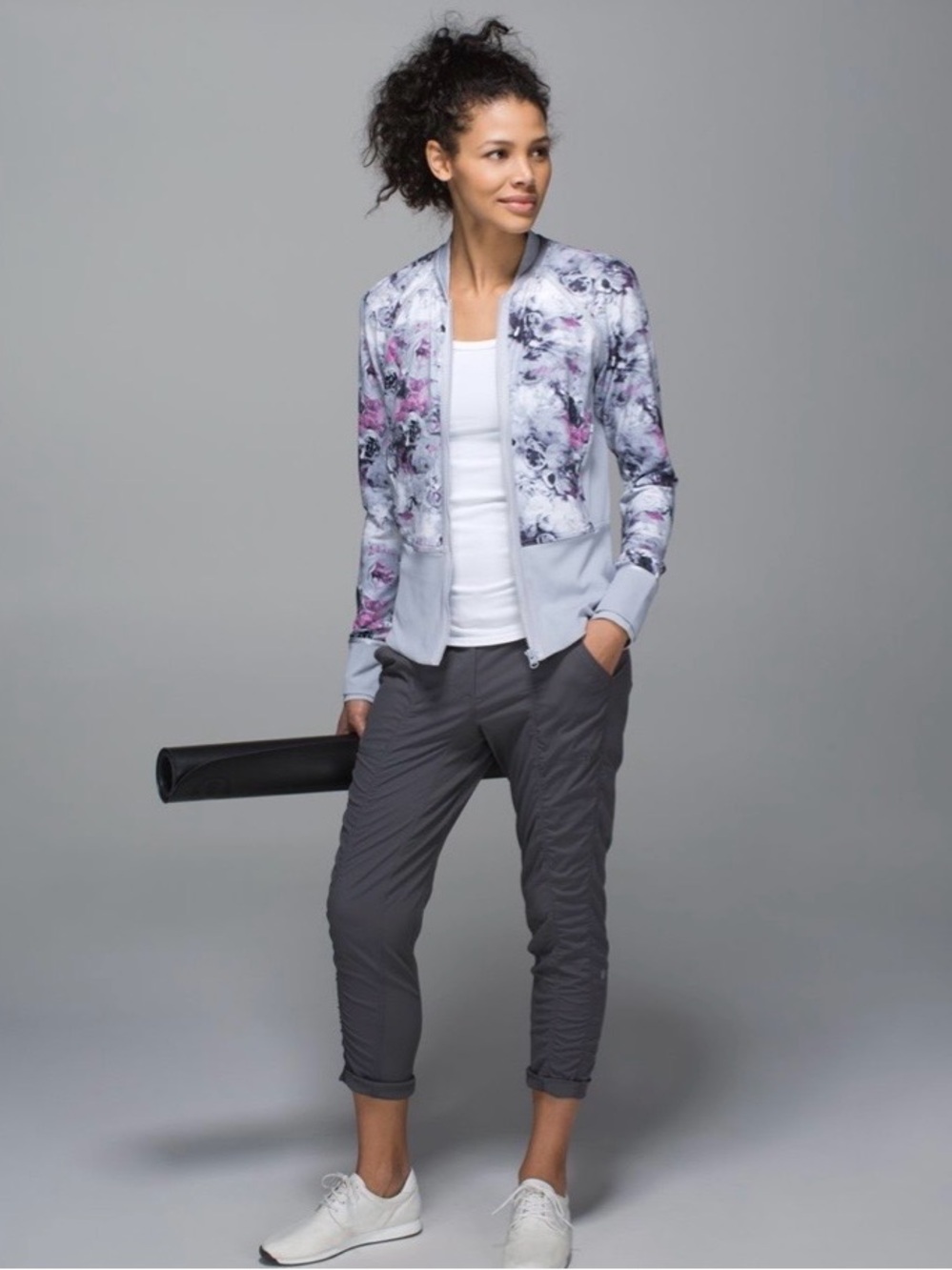 lululemon athletica Light Floral Zip Bomber Jacket in White, Pink & Gray - Picture 2 of 10